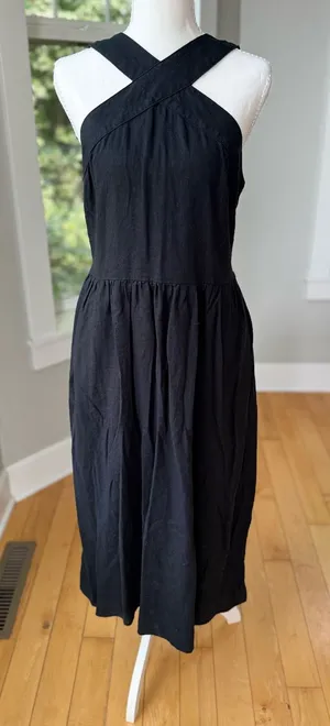 A New Day Black Linen Rayon Cross Front Midi Dress Size Large thumbnail 1