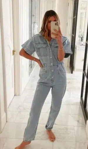 FREE PEOPLE Marci Denim Jumpsuit in Wash Clear Skies Size X-Small thumbnail 1