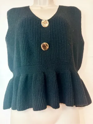 Commence Black Ribbed Knit Peplum Vest Top Size M Gold Buttons Sleeveless thumbnail 1