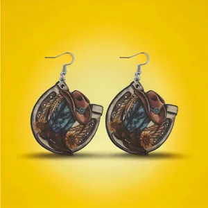 Western style wooden with‎ sunflower shape pattern drop hook earrings Brown thumbnail 2