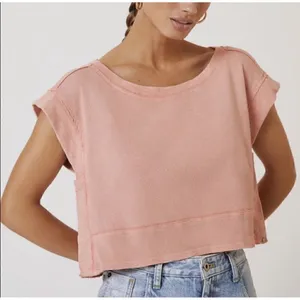 Anthropologie Pilcro Cropped Cut Off Short Sleeve Sweatshirt Pink Coral Medium thumbnail 3