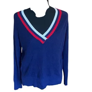 Garage Women Navy Blue‎ Varsity V-Neck Ribbed Knit Sweater Striped Trim Small thumbnail 2