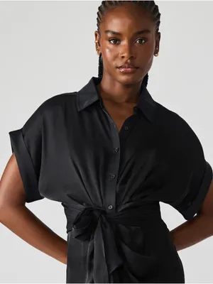 NWT Steve Madden Tori Black Satin Ruched Tie Waist Midi Dress Size 6 thumbnail 14