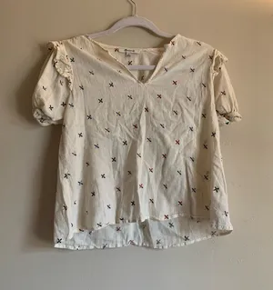 Madewell Cream V-Neck Puff Sleeve Top with Multicolor Cross Stitch Size XS thumbnail 1