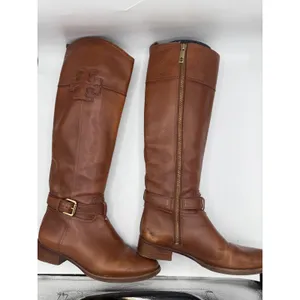 Tory Burch Riding‎ Boots Women's 6.5 Cognac Leather Tall Equestrian Logo Boots thumbnail 2