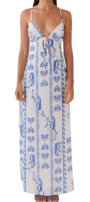 Peppermayo Maxi Dress Blue White Floral Tie Front Cutout NWT Size US 2 Boho thumbnail 1