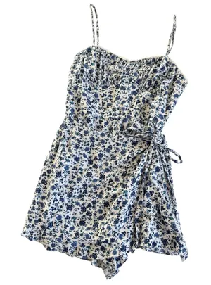 Altar’d State Blue and White Floral Print Faux Wrap Romper Women’s Medium thumbnail 1