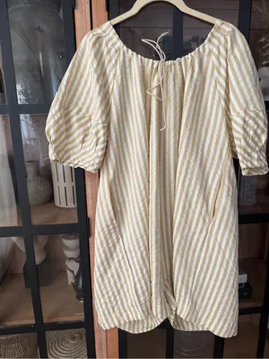 Amazon Bop Around Romper Striped Loose Puff short Sleeve beige tie front bow thumbnail 2