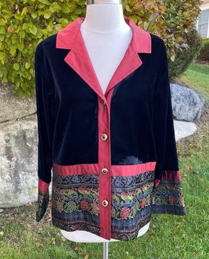 Coldwater Creek Small Jacket Velvet Button Front Black Wine Tapestry Holiday thumbnail 4