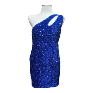 One Shoulder Velvety Sequin Mini Dress Blue Medium thumbnail 2