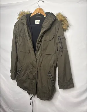 S13 New York parka olive green faux fur hood cargo jacket sz Small thumbnail 2
