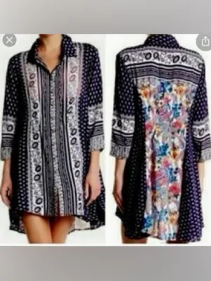 Anthropologie by Cyrena Boho Purple Printed Button-Front Mini Shirt Dress Size L thumbnail 3