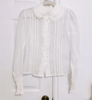 White Lace Cottagecore Barbiecore Elegant Formal Long Sleeve Button Up Shirt thumbnail 1