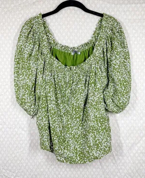 Abercrombie & Fitch Green White Splattered Print Puff Sleeve‎ Top thumbnail 1
