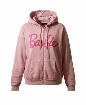 Barbie Pink Full Zip Hoodie Graphic Logo & Doll Face Women's Size XL thumbnail 1