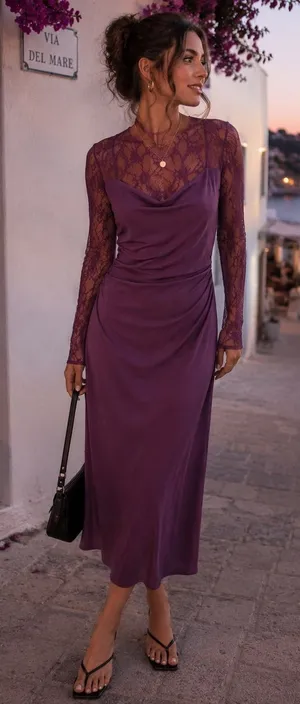 NWT Halara Purple Lace Sleeve Cowl Neck Ruched Midi Dress Size M thumbnail 1