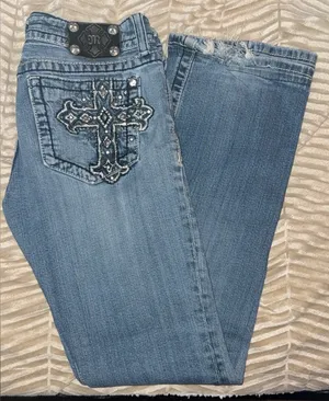 EUC Miss Me Boot Cut Jeans with Cross Embellishment size 30 x 30 thumbnail 1