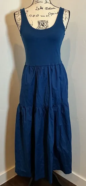 J.Crew Mixed-Media Tiered Maxi Dress Blue CK541 XS NWT Casual Summer Poplin thumbnail 1