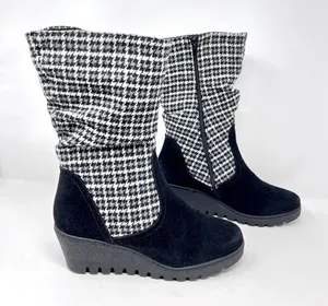 MUK LUKS Vermont Stowe Black White Houndstooth Mid Calf Slouch Wedge Boots 9.5 thumbnail 1