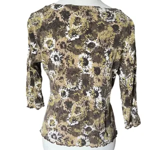 Axcess Liz Claiborne Womens L Floral Sunflower Lace Trim 3/4 Sleeve Top‎ Brown thumbnail 3
