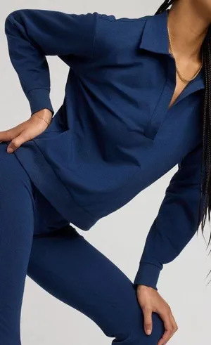 Pact Organic Cotton Long Sleeve Collared V-Neck in Navy Blue Size Medium thumbnail 1