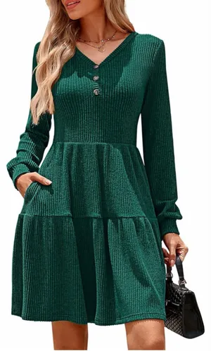 NEW Super Soft Long Sleeve Sweater Button V Neck Knit Ribbed Dress XL thumbnail 1