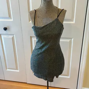 Lulus asymmetrical thin strap lightly lined black glitter dress thumbnail 2