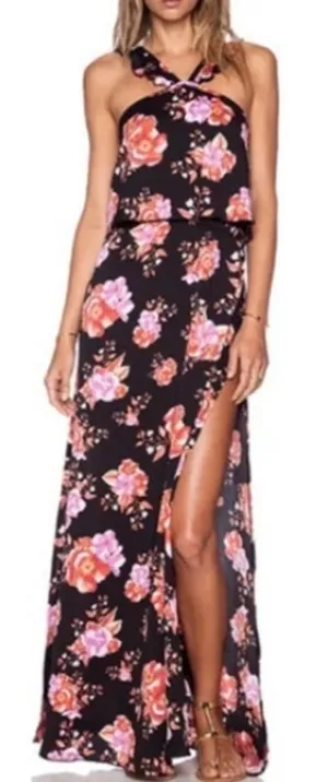 Tularosa Santorini Maxi Dress Women's Med Black Pink Floral Sleeveless Halter thumbnail 1