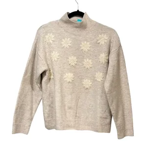 Bopeau Womens Mock Neck Floral Embroidered Daisy Knit Sweater Beige Medium thumbnail 1