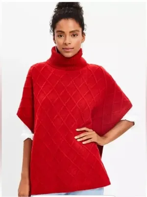 Loft Red Lattice Cable-Knit Turtleneck Sweater Poncho XS/S NWT thumbnail 2