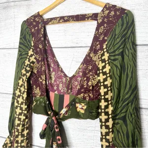 Z&L Boho Floral V-Neck Wrap Tie Long Sleeve Festival Crop Top Size Small thumbnail 5