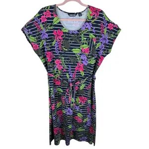 Lands' End‎ Navy Floral Striped Dolman Sleeve Belted Cotton Midi Dress Size L thumbnail 2