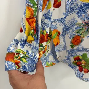 Rose + Olive Fruit Toile Button Shirt Sz L Euro Summer Cottage Resort Peaches thumbnail 6