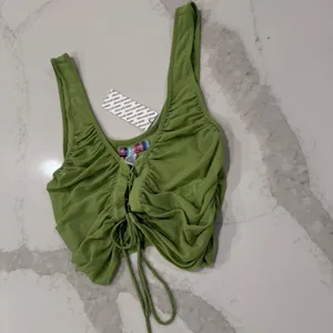 Urban Outfitters NWT Ruched Lace Up Cropped Sheer Tank Top Women’s Medium Green thumbnail 6