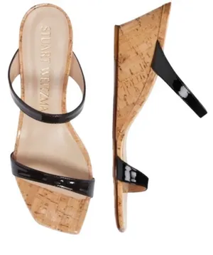 Stuart Weitzman Aleena Wedge Slide Sandal Size 6 Black Patent Cork Wedges thumbnail 1