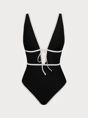 Berlook Black ribbed V Neck Tie One-Piece Swimsuit thumbnail 6