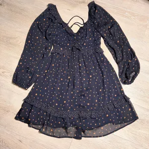 LUMIERE Navy Blue Polka Dot Lace Up Ruffle Mini Dress Womens‎ Small S thumbnail 1