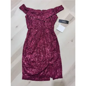 Lulus NWT Women Small Wine Red Glitter Sequin Off the Shoulder Mini Dress Party thumbnail 2