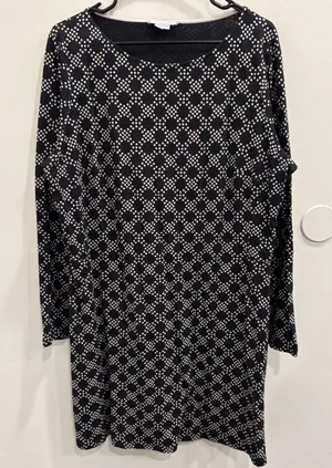 Boden Black Cream Geometric Dot‎ Long Sleeve Modal Cotton Jersey Shift Dress 16 thumbnail 1