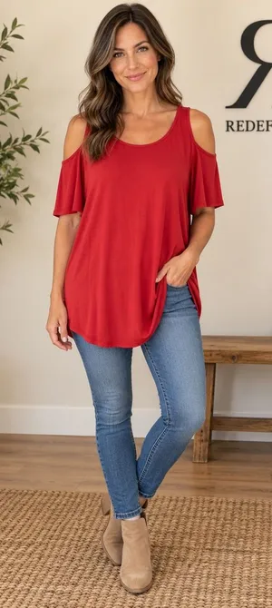 Easel Women Red Cold Shoulder Short Sleeve Back Pleat Top ET7083 Size Medium thumbnail 1