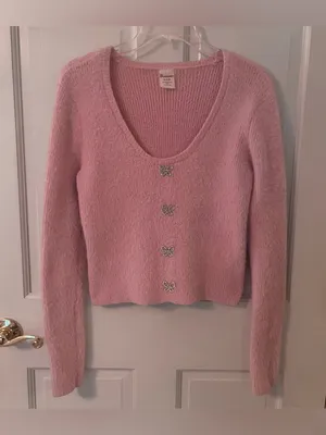 Pink Fuzzy Rhinestone Butterfly Button Long Sleeve Sweater thumbnail 2