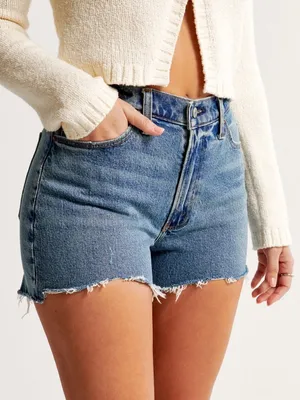 NWT Abercrombie 4" High Rise Mom Jean Short Distressed Denim Cut Off - Size 37 thumbnail 1