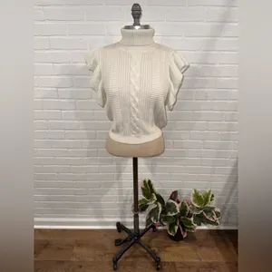 Elegant Off-White/Ivory Cable Knit Ruffle Sleeve Turtleneck Sweater thumbnail 2