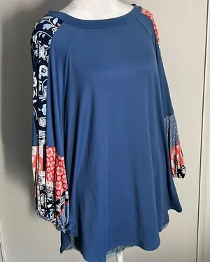 New Boho Balloon Sleeve Color Block Patchwork Jersey Knit Top Long Sleeve Blouse thumbnail 4
