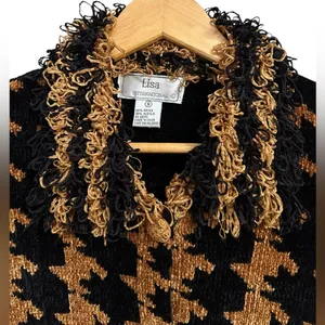Lisa International Zip‎ Sweater Womens Gold Black Argyle Chenille Frilly 90s Y2K thumbnail 5