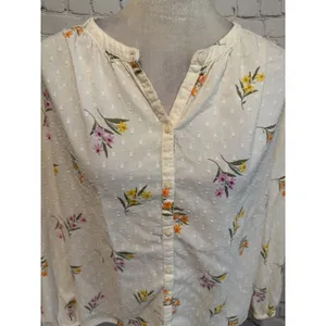 Old Navy Women's Ivory Floral Swiss Dot Balloon Sleeve Button Down Blouse Medium thumbnail 2