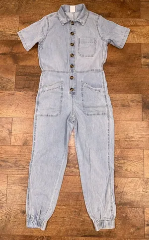 Super Cute Light Blue Button Up Denim Jumpsuit Size XS thumbnail 1