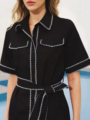Commense NWT Black Contrast Stitch Belted Shirt Dress Small Linen Blend Sold Out thumbnail 10