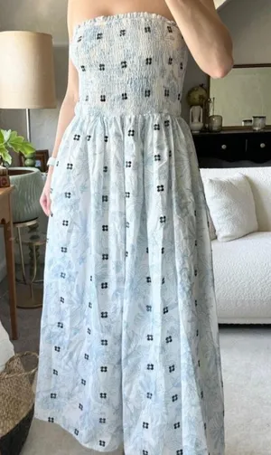 The Impeccable Pig Blue & White Floral Smocked Strapless Maxi Dress thumbnail 1