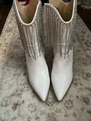 White Sequin Fringe Boots Size 6.5 thumbnail 2
